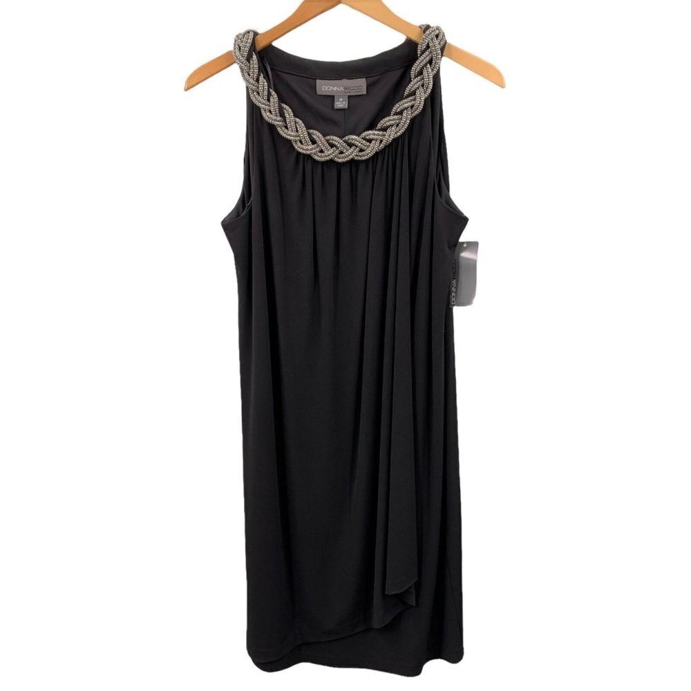 NWT Donna Ricco Gathered Black Jersey Silver Chain Neckline Dress Size 10
